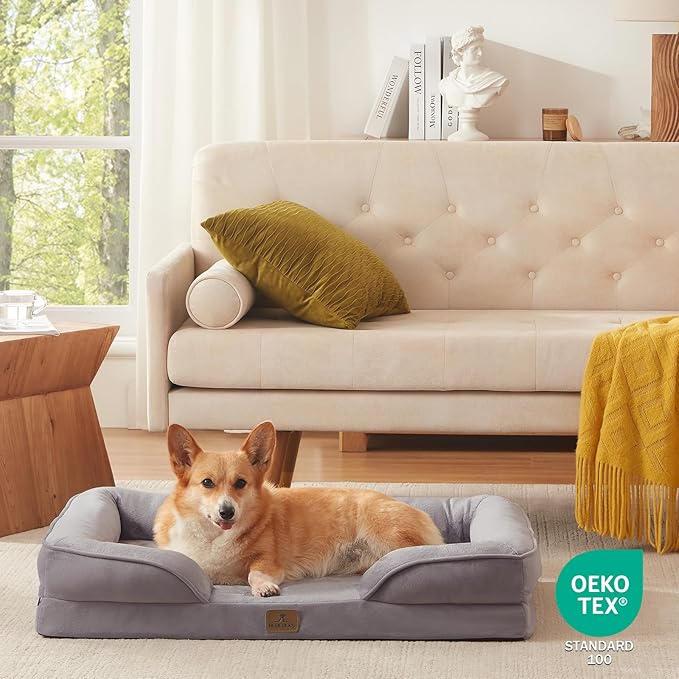 Bedfolks Orthopedic Dog Bed, Waterproof Dog Sofa Bed for Large Dogs, Egg Foam Pet Couch Bed with Removable Washable Cover and Nonslip Bottom, Light Grey