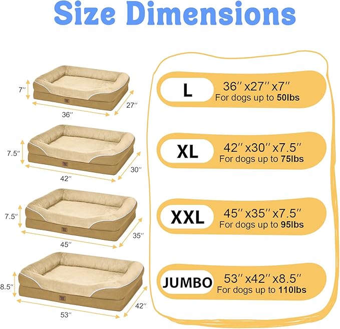 Washable Orthopedic Large Dog Bed - XL Large Dog Bed with Removable Bolsters Cover Foam Support Big Dogs Beds Non-Slip Bottom & Waterproof Pet Beds