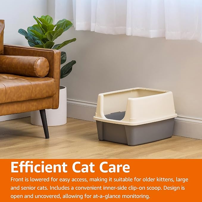 Amazon Basics Large Cat Litter Box with High Sides, Open Top, Includes Scoop, 19 x 15 x 11.75 inches, Grey/Beige