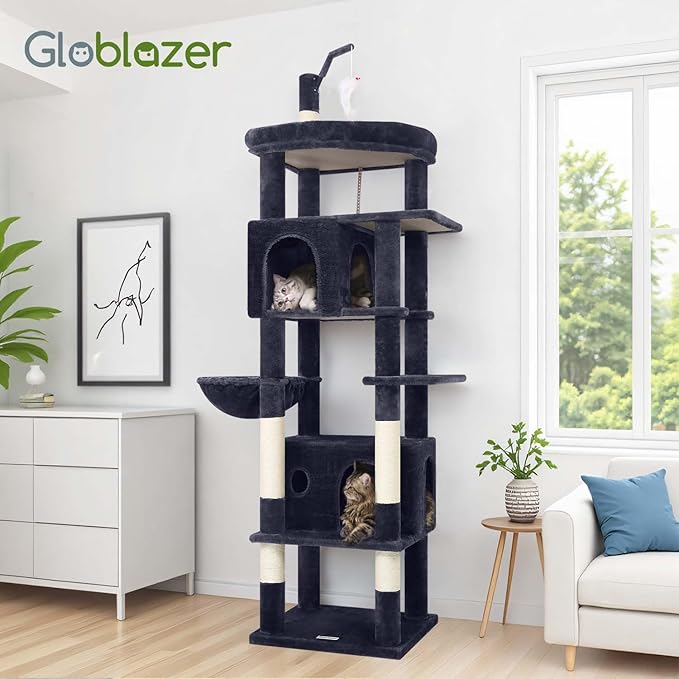 Globlazer Large Cat Tree Tower, Tall Cat Tree Condos for Indoor Cats Large Adult Cat Climbing Tower with 2 Spacious Caves, Oversized Top Perch, Big Hanging Basket, Cat Teaser Wand, F74B, Dark Grey
