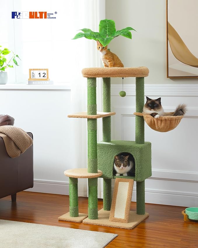 PEQULTI 53'' Cat Tree for Indoor Cats, Large Condo, Sisal Scratching Posts, Hammock & Perch, Fresh Cactus Design, Sturdy, Multi-Level
