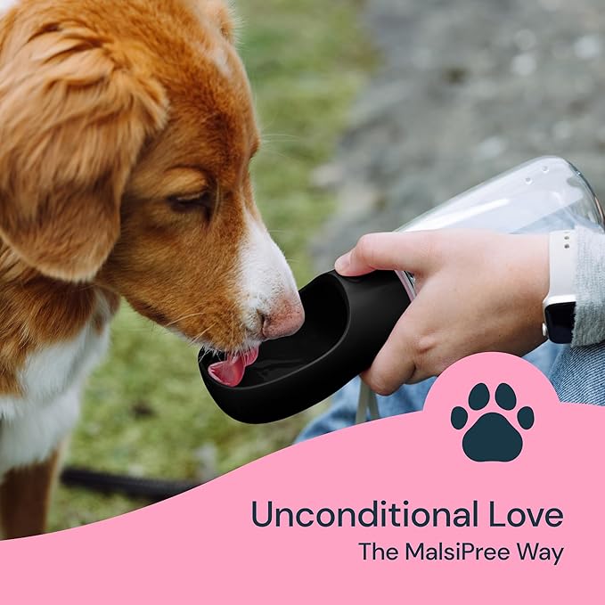 MalsiPree Trail Water Bottle for Dogs - 12oz, Black - Portable Dog Water Bottle & Bowl with Leak-Proof Plug, Food-Grade Plastic & One-Hand Operation for Pet Travel & Hiking