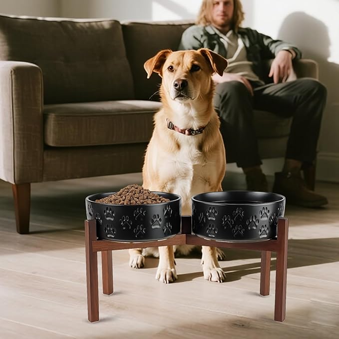 SPUNKYJUNKY Ceramic Elevated Dog Bowl Set with Acacia Wood Stand for Food and Water for Large Dogs (60.87 OZ, Black, Dog Paw Pattern)