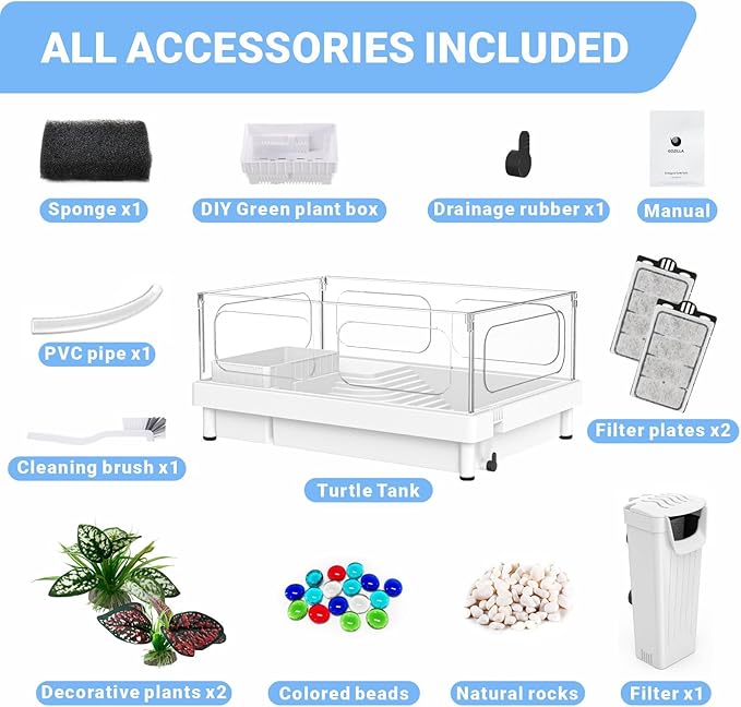Small Turtle Tank with Filter, Acrylic Turtle Tank Starter Kit, Reptile Habitat and Terrarium with Multi-Functional Areas for Tortoise,Crab,Crayfish,Small Reptile. (Tank+Filter)