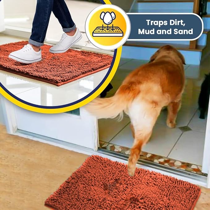 Muddy Mat® Shown on TV – Super Absorbent Microfiber Dog Door Mat for Muddy Paws, Non-Slip Washable Pet Rug, Quick Dry Chenille Entryway Carpet, Machine Washable Indoor Outdoor mat, Orange 28"x18"
