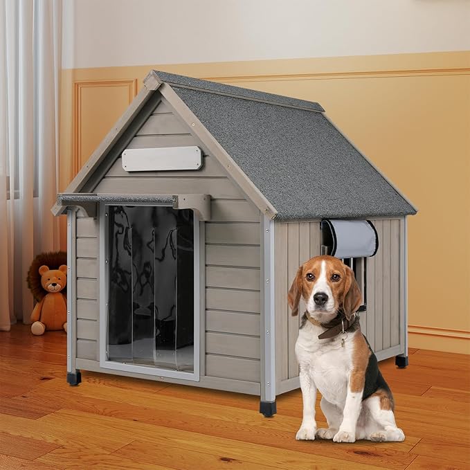 Outdoor Dog House Weatherproof Large Wooden Dog Kennel Indoor for Small Dogs with Chew-Proof Frame, Oxford Fabric Window, Removable Floor Pet Shelter (Grey, 30.5" D x 37.4" W x 39.3" H)