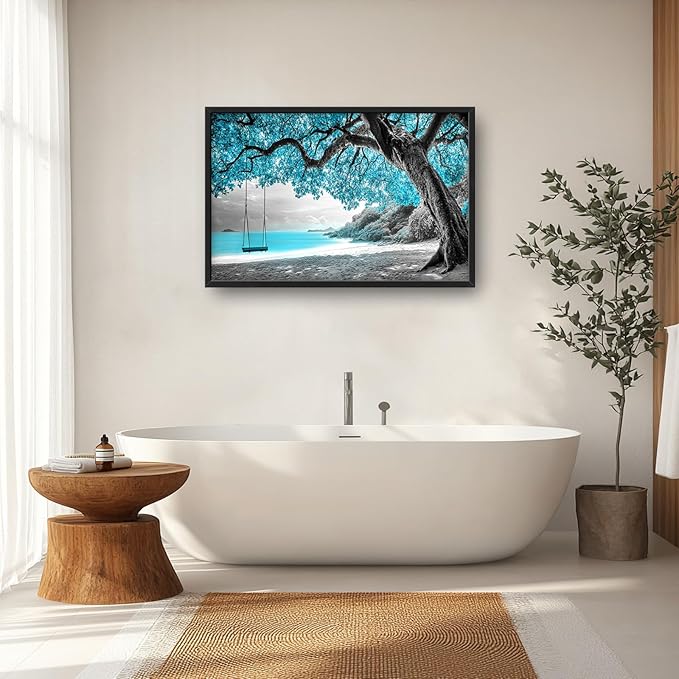 Extra Large Framed Abstract Tree Wall Art,Black and White Tree of Life Wall Decor,Blue Teal Sea Pictures for Living Room,Canvas Print Painting Modern Artwork Bedroom Office Bathroom 36L x 24W