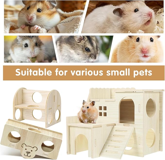 Hamster Toys 5-Piece Set ,Hamster House, Swing, Climbing Ladder, Seesaw & Exercise Wheel,Pet DIY Sport Exercise Toys Set, Small Animal Habitat Accessories ,Gerbils, Mice(Natural Wood)
