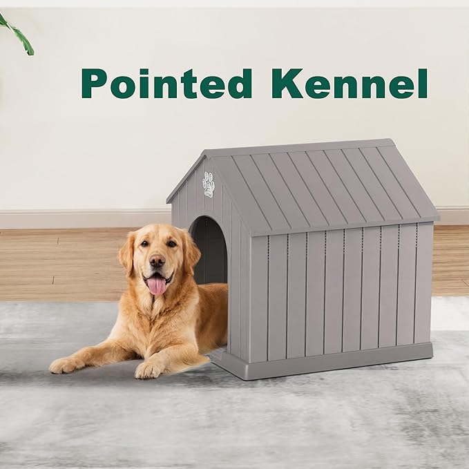 Vixzen Large Outdoor Dog House,Durable Water Resistant Resin Dog House,Doghouse for Small to Large Dogs Indoor or Outside,with Openable Windows and Elevated Floor,Gray