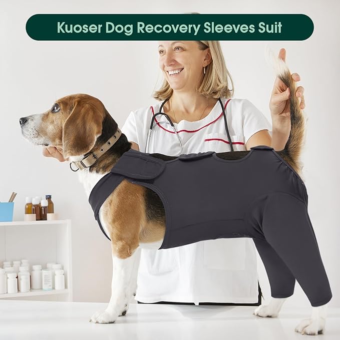 Kuoser Dog Surgery Recovery Suit, Thigh Wound Protective Sleeve for Dogs, Dog Recovery Sleeve for Female Male Dogs, Pet Surgical Suit for Spay Neuter, Dog Onesie After Surgery, Gray L