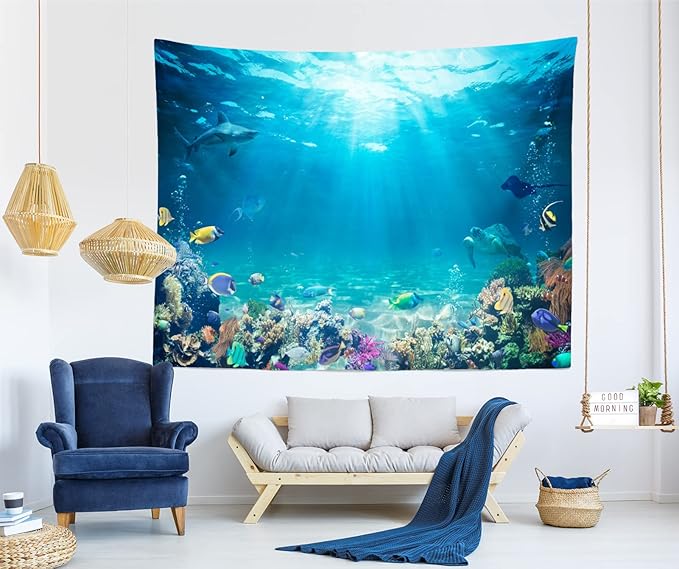 Loccor Underwater World Tapestry Blue Ocean Wall Hanging Under the Sea Coral Reef Wall Tapestry 118X78 Inches Tropical Fish Tank Undersea Tapestries Marine Wall Art for Bedroom Living Room Dorm Decor