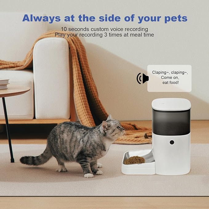 2.4G WiFi Automatic Cat Feeder, 4L Food Dispenser with 10s Voice Recorder, Pet Feeder up to 10 Meals per Day, Timed Cat Feeder with Dry Food Sealed Ring (White, 4L-WiFi)
