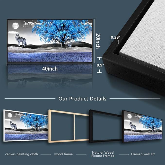 Framed Canvas Wall Art For Living Room Family Wall Decorations For Bedroom Modern Office Wall Decor Paintings Blue Tree Landscape Pictures Artwork Canvas Art Prints Home Decor Black Frame 20" X 40"