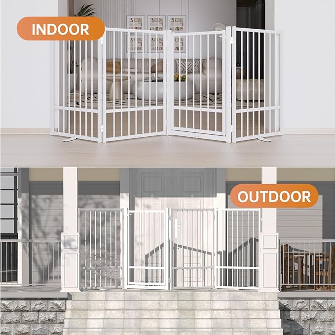 Full Metal Freestanding Dog Gate with Door, 32''Height Foldable Pet Dog Fence for Indoor & Outdoor, 4 Panels Extra Wide Free Standing TallDog Gates for Doorways,House,Stairs,Porch,Deck,Yard