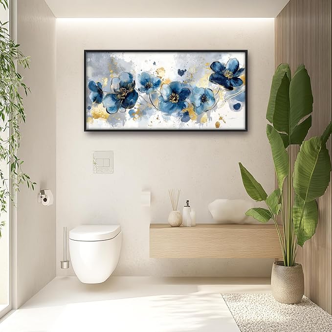 Extra Large Framed Abstract Blue Flower Wall Art,Oversized Golden Grey Floral Wall Decor Pictures for Living Room,Canvas Print Painting Modern Artwork Bedroom Office Bathroom Home Decor 60L" x 30W"