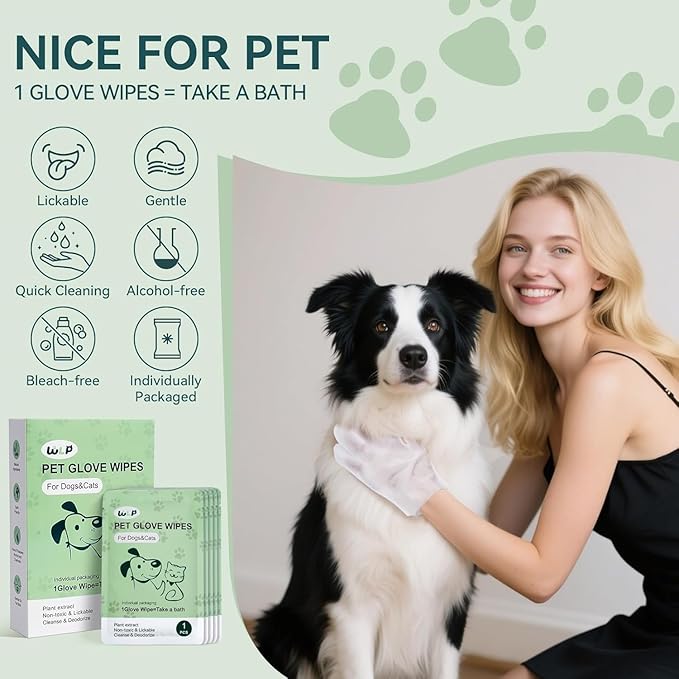 WLP Cleaning & Deodorizing Glove Bath Wipes for Dogs and Cats, Hypoallergenic Nourish Fur Aloe Extract Jojoba Oil Pet Grooming Wipes for Daily and Travel (6 PCS)
