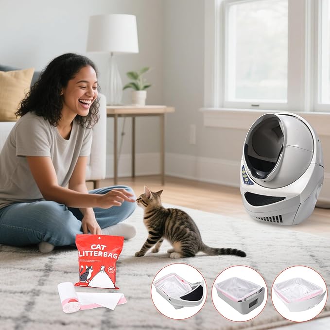 40 Count Thicken Cat Litter Box Liners for Automatic Cat Litter Box and Litter-Robot 4/3, Heavy-Duty Drawstring Kitten Litter Drawer Liners Disposable 25" x 16"