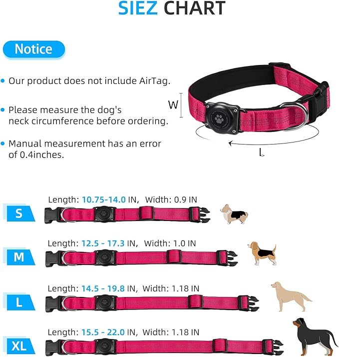 Reflective Air Tag Dog Collar - 100% Waterproof Dog Collar AirTag Holder | Extra-Durable, Soft Padded AirTag Dog Collars for Small Medium Large Dogs