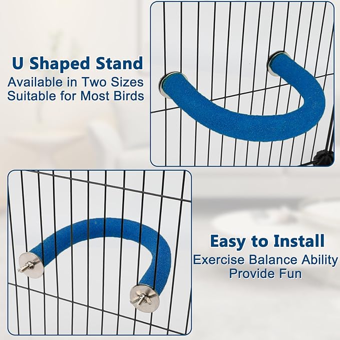 Rypet U Shape Parrot Perch Stand Toy for Paw Grinding Clean Stick Exercise, Rough-Surfaced Quartz Bird Perch Standing Cage Accessories for for Small Parakeets Cockatiels Conures Macaws Finches(Blue)