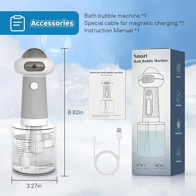 Electric Dog Shampoo Dispenser IPX7 Cat Shampoo Sprayer,Pet Bath Supplies Automatic Foaming Shampoo Dispenser for Dog Deep Cleaing Kitchen Sink Bathroom Grey