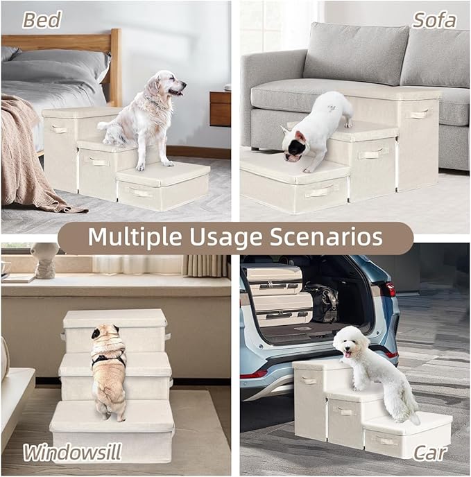 Pet Stairs with Storage, Pet Step for Small Dogs and Cats, 3-Step Folding Pet Steps with Zip, Cat Stairs Dog Steps for Bed, Couch and Car Ramp (Beige, 3 Steps no Condo)