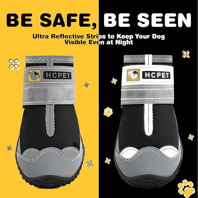 Hcpet Dog Shoes for Large Dogs, Waterproof Dog Booties for Small Medium Dogs, Anti-Slip Dog Boots & Paw Protectors for Hot Pavement Winter Snow Hiking with Reflective Straps Black Size 4