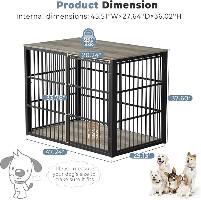 48'' XXL Dog Crate Furniture with 3 Doors, Wooden Crate End Table Heavy Duty Indoor Combination Cage for Medium to Large Dogs, Multiple Units Can be Combined, Grey