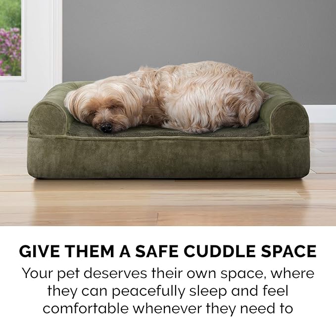 Furhaven Cooling Gel Dog Bed for Large/Medium Dogs w/ Removable Bolsters & Washable Cover, For Dogs Up to 55 lbs - Faux Fur & Velvet Sofa - Dark Sage, Large