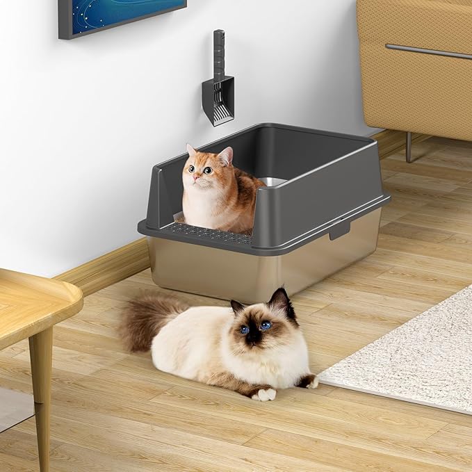 Stainless Steel Cat Litter Box with High Sides Lid, Extra Large XL Litter Box for Big Cats,Enclosed Metal Kitty Litter Pan with Anti-Leakage Enclosure, Non-Stick, Odorless,Scoop Included (Dark Grey)…