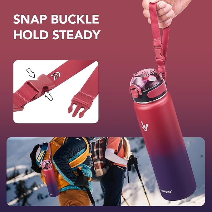 Enerbone 32 oz Insulated Water Bottle, Stainless Steel Bottle with Carrying Strap, Double-Wall Vacuum Insulation Design, Leakproof Sports Bottle with Straw, Keep Drinks Cold or Hot for Hours