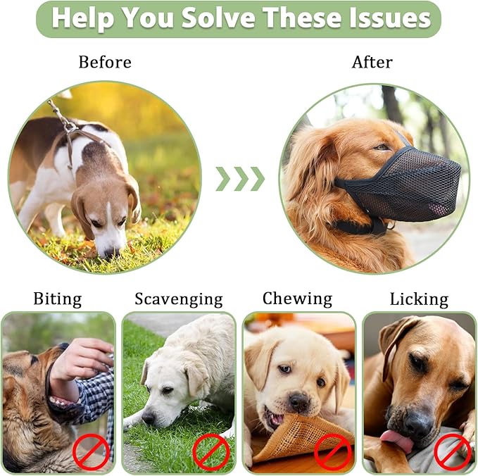 Mayerzon Dog Muzzle, Patented Soft Mesh Muzzle for Small Medium Large Dogs for Scavenging Biting Licking and Chewing, Allows to Pant and Drink (XS, Black)
