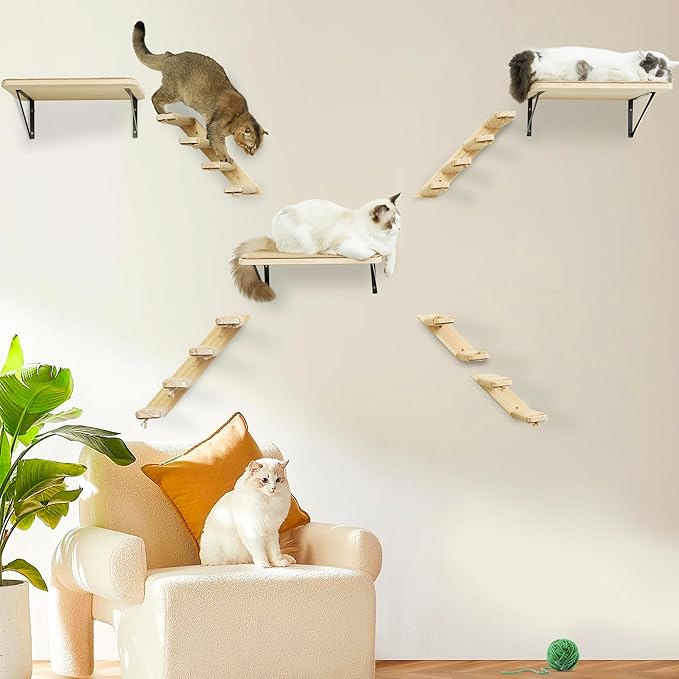 Cat Wall Furniture Set, 2PCS Cat Shelves & 2PCS 4 Steps Wall Shelves Stairs Tower Climbing Scratching Perches for Climbing Sleeping, Playing