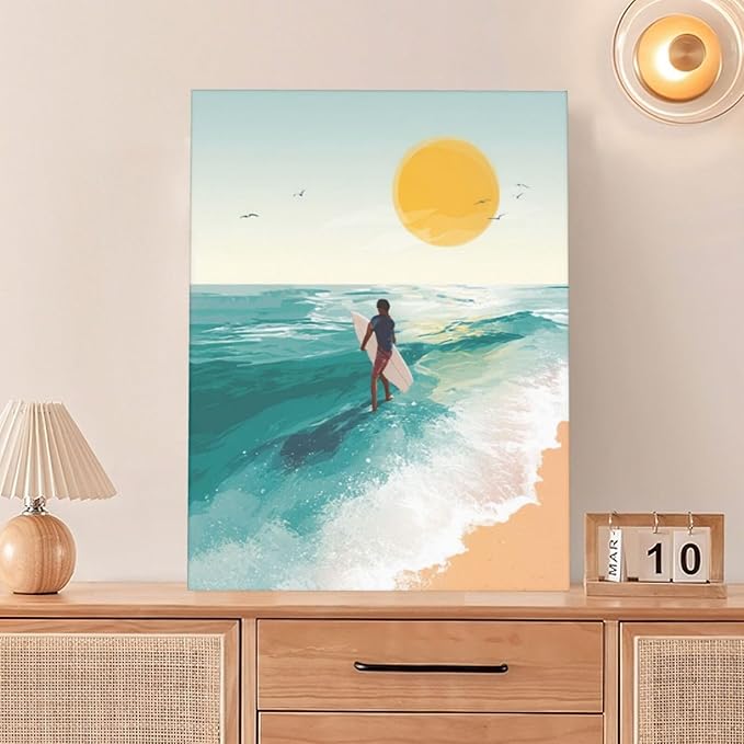 Beach Surfing Wall Art Ocean Coastal Wave Canvas Wall Decor Summer Nature Seascape Pictures Painting Print Framed Artwork Decorations for Bathroom Living Room Office Bedroom 12"x16"