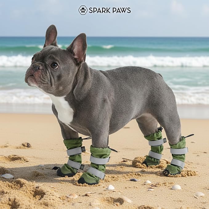Spark Paws Dog Shoes, Waterproof Dog Boots for Medium to Large Dogs, Non Slip, Breathable Dog Booties and Paw Protectors - 4PCS Doggie Hiking Boots with Reflective Straps - Green, Size 1