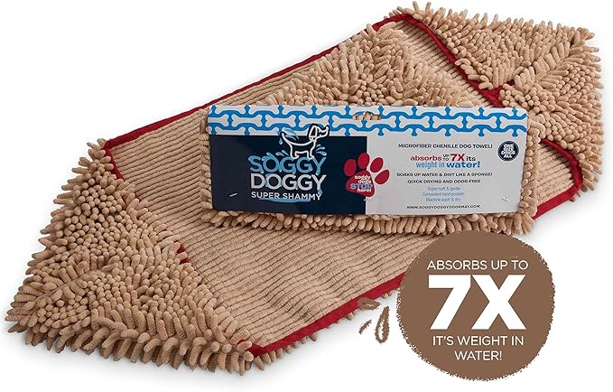 Soggy Doggy Super Shammy Dog Towel - Microfiber Chenille Towel for Drying Dogs and Cleaning Paws - Fast Drying with Hand Pockets for Ease (Beige/Red Trim, 31” x 14”)