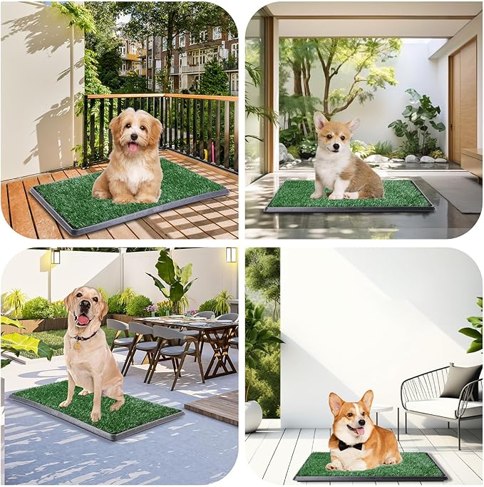 LOOBANI Dog Grass Pad with Tray Large Dog Litter Box, Indoor Potty for Apartment and Patio Training, with 2 Packs Fake Grass Pee Pads for Replacement (Tray Potty 23.6 * 35.5inch)