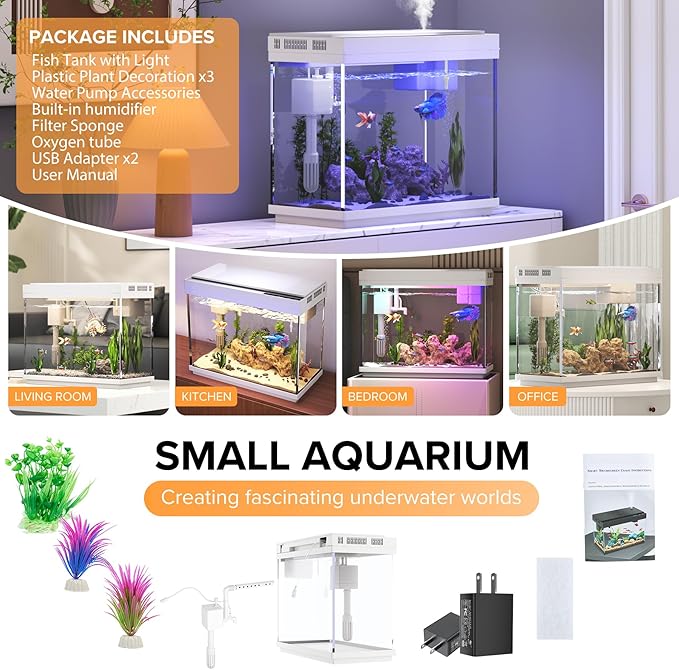 Fish Tank 2.4 Gallon Aquarium Kit with Humidifier 7-Color Auto-Looping 3 in 1 Quiet Pump with Filteration & Oxygenation & Circulation, Temperature Display, HD Glass
