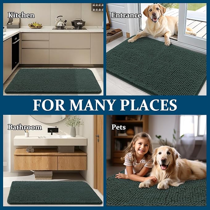 OLANLY Dog Door Mat for Muddy Paws 24x16, Absorbs Moisture and Dirt, Absorbent Non-Slip Washable Doormat, Quick Dry Chenille Mud Mat, Entry Indoor Entryway Carpet for Inside Floor, Blackish Green