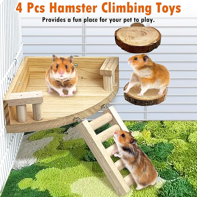 kathson 4pcs Hamster Platform with Ladder Natural Wooden Chinchilla Climbing Toy Rat Cage Ledge Sugar Glider Cage Accessories for Small Animals