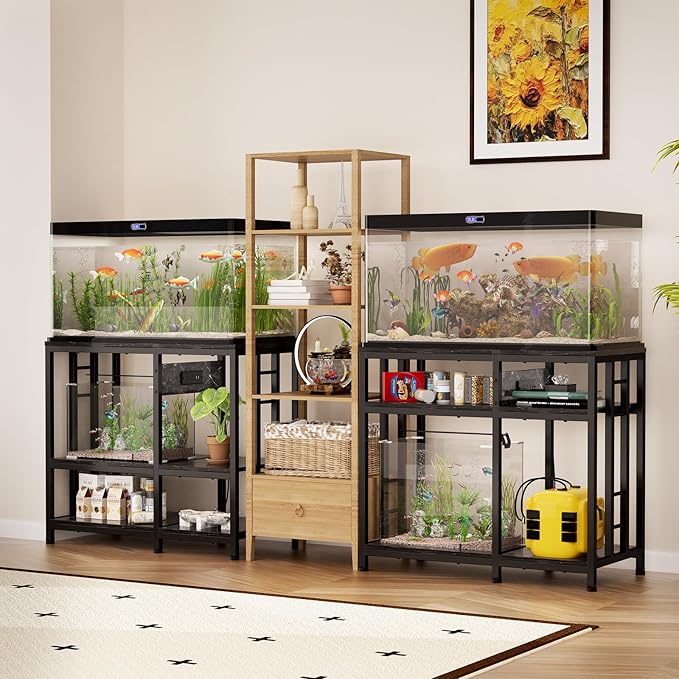 Reinforced 40-50 Gallon Aquarium Stand with Power Outlet | Ultra-Stable 750LBS Capacity Metal Fish Tank Stand for Reptile/Aquatic Setups, 5-Tier Adjustable 37"x19" Steel Shelving System