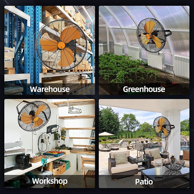 20 Inch Industrial Wall Mount Fan, 4850 CFM High Velocity Metal Wall Fan, 3 Speed, Adjustable Tilt, Commercial Use for Garage, Gym, Covered Patio, Workshop, Greenhouse - UL Listed