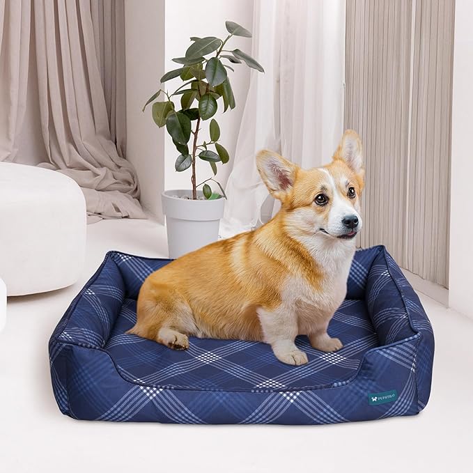 Orthopedic Bolster Dog Bed β CertiPUR-US Foam, Recycled Polyester Canvas, Washable Cover, Anti-Slip Bottom, Small, Navy Plaid β Stylish Designer Dog Sofa