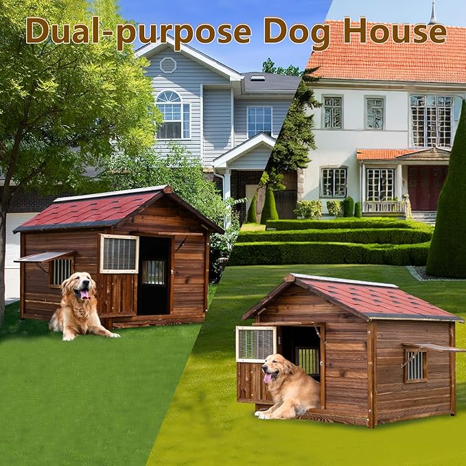 Extra Large Wooden Dog House Outdoor, Waterproof Heavy Duty Dog House Outside with Door and Adjustable Window, Large Outdoor Pet Kennel, 6XL