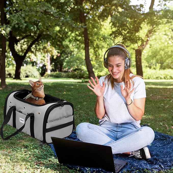 Pet Carrier Bag, Foldable Cat Bag Airline Approved, Soft-Sided Cat Travel Bag, Washable Dog Carrier Privacy Protection for Home Outdoor Travel(M, Grey)