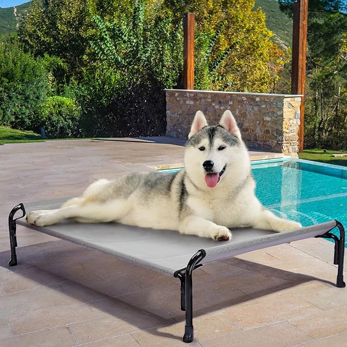Veehoo XL Outdoor Elevated Dog Bed, Raised Dog Cot for Extra Large Dogs, Cooling Washable Waterproof Pet Hammock Beds with Slope Headrest, Breathable Mesh and Sturdy Frame, X-Large, Grey, CWC2204