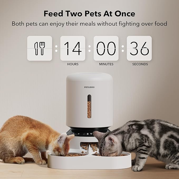 PETLIBRO 5L Automatic Cat Feeder for 2 Cats, 5G&2.4G Wi-Fi Programmable Cat Food Dispenser with Dual Stainless Steel Bowls, Airtight Lock Fresh Technology, Low Food Sensor