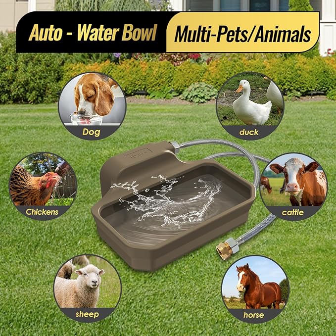 135OZ Automatic Water Dispenser for Dogs Patented Automatic Dog Water Bowl Fit 3/4'' GHT Male Faucet Outdoor Large Dog Water Bowl Include Water Hose Copper Connector Large Drinking Area Brown