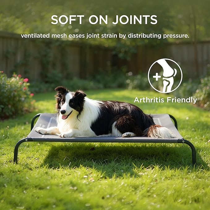 Bedsure Outdoor Elevated Dog Bed Medium Size Dog, Portable Indoor & Outdoor Cooling Raised Cot Pet Hammock Bed with Skid-Resistant Feet, Frame with Breathable Mesh, Grey, 43 inches