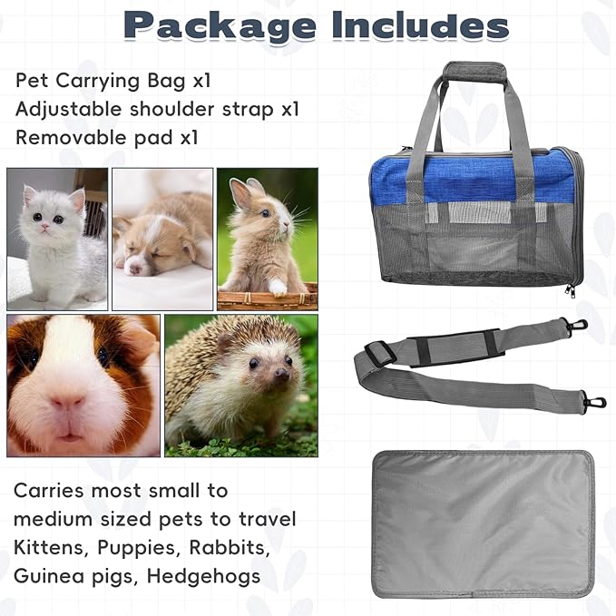 PINVNBY Bunny Carrier for Travel Camping Outdoor, Small Pet Carrier, Guinea Pig Carrier, Breathable Pet Portable Hand Bag for Hamster Bunny Guinea Pig (Blue & Gray)