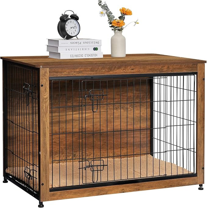 DWANTON Dog Crate Furniture with Cushion, Wooden Kennel Table with Double Doors, Indoor Dog House, Large Size, 38.5" L, Warm Brown
